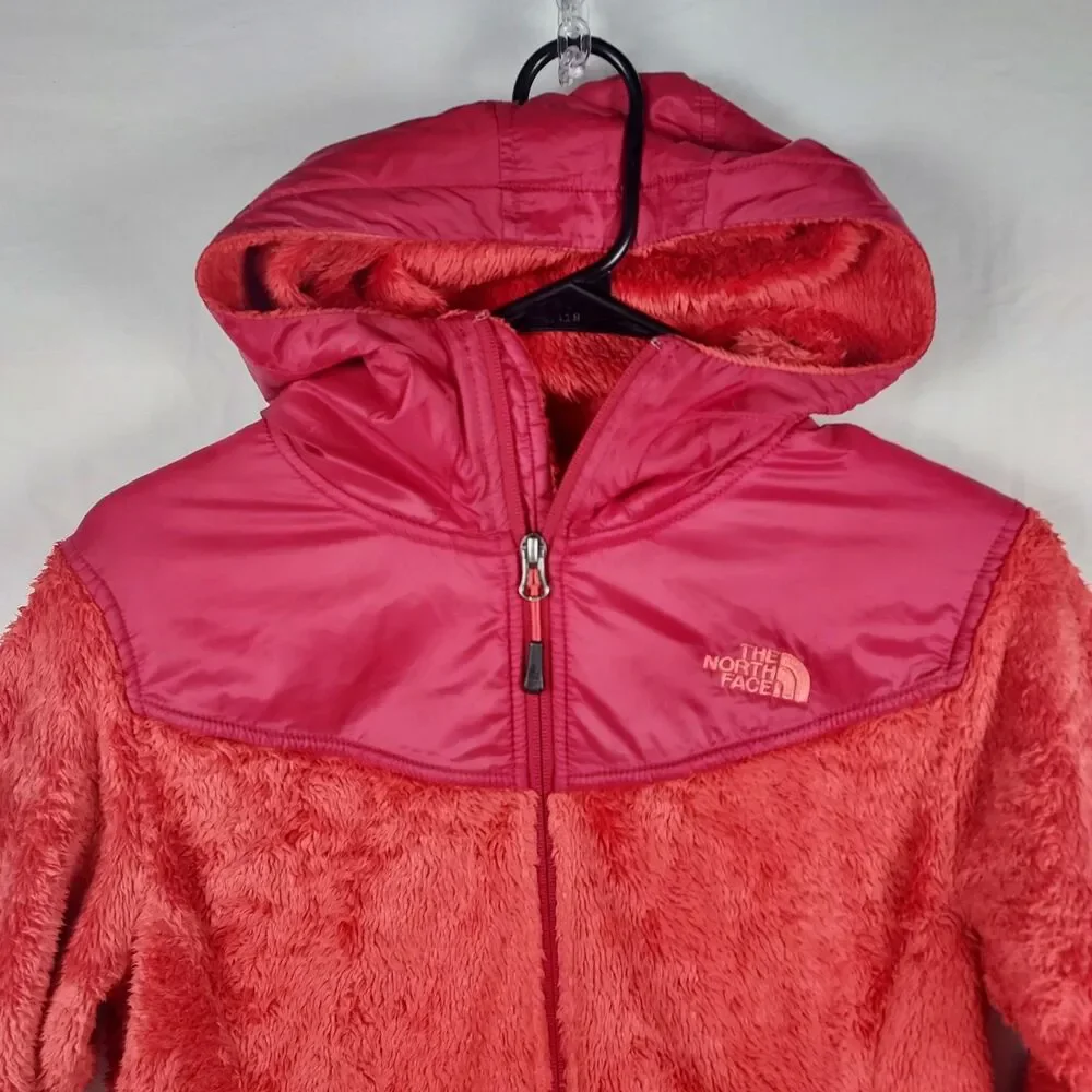 The North Face Women M Red Fuzzy Teddy Fleece Hooded Jacket Soft Zip‑Up Coat